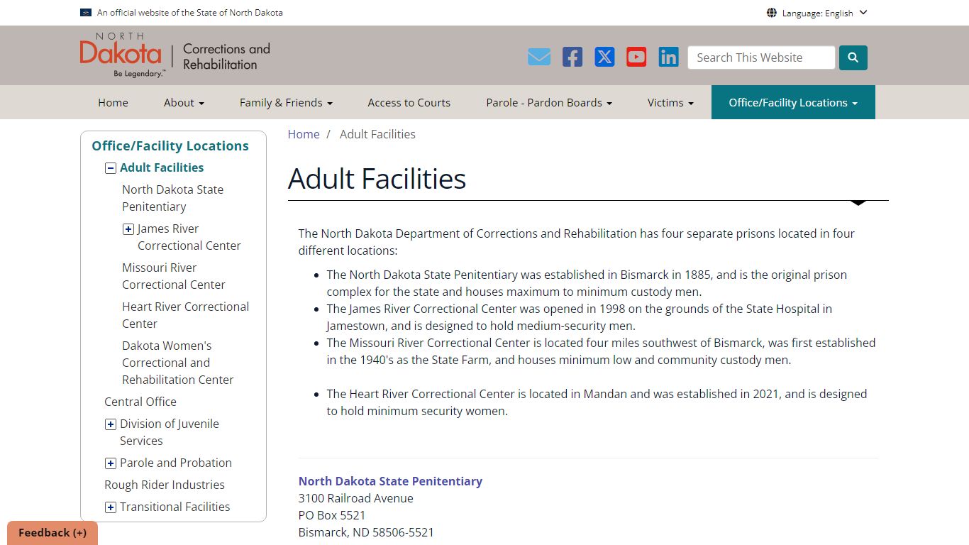 Adult Facilities | North Dakota Department of Corrections and ...